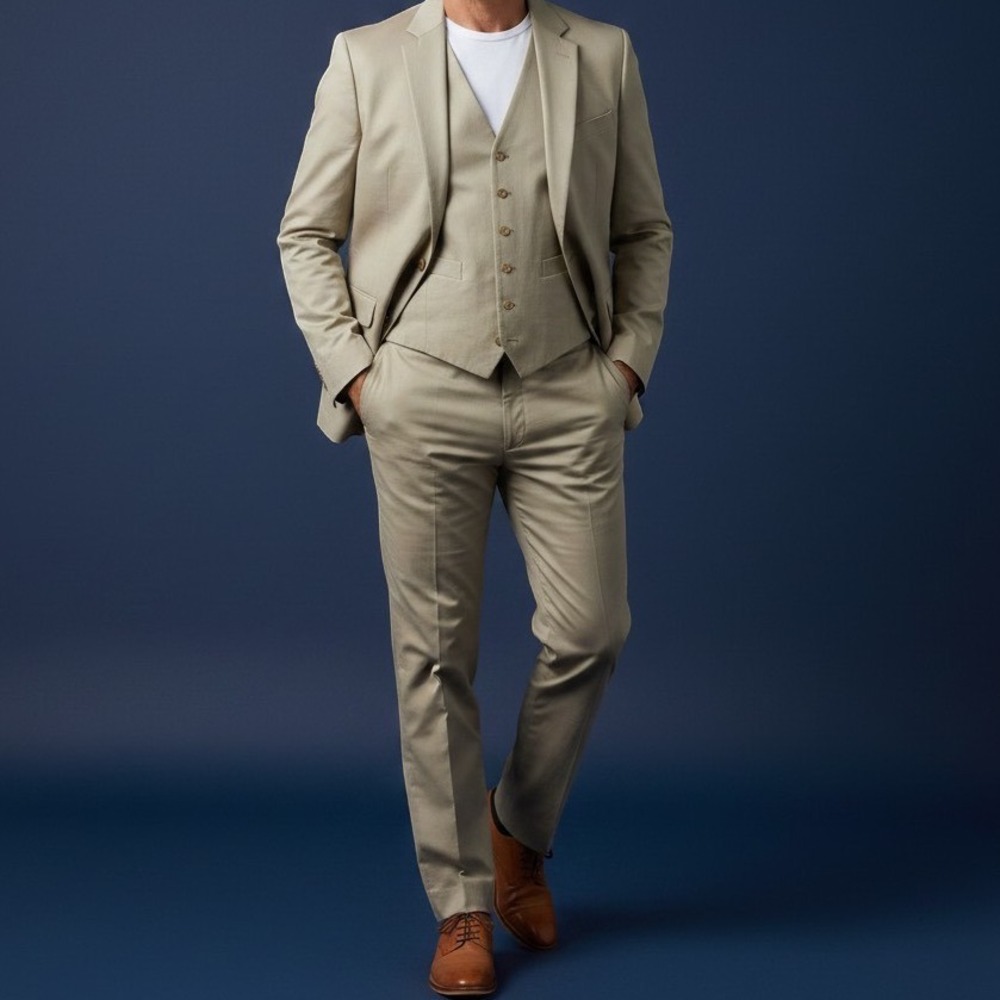 Banana Republic Suit Men Large Khaki Beige Cotton Linen 3-Piece Blazer Vest Pant